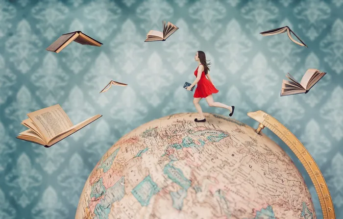 illustration-Photoshop-sky-photography-books-reading-surreal-flying-globe-world-map-pastel-Composite-vacation-travel-girl-leisure-traveling-fineart-reddress-read-792594